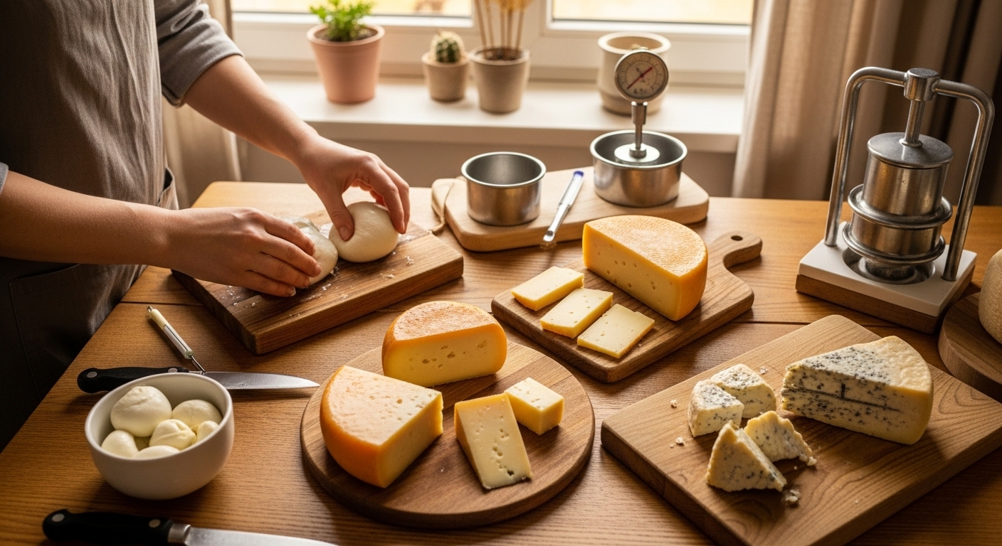 Produção de queijo artesanal caseiro com equipamentos profissionais e variedades de queijos em tábuas de madeira