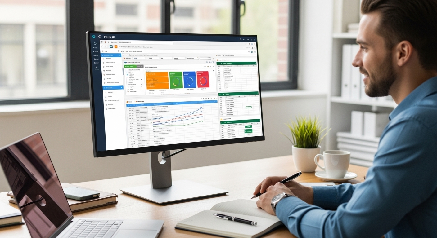 Profissional analisando dashboards no Power BI e planilhas Excel