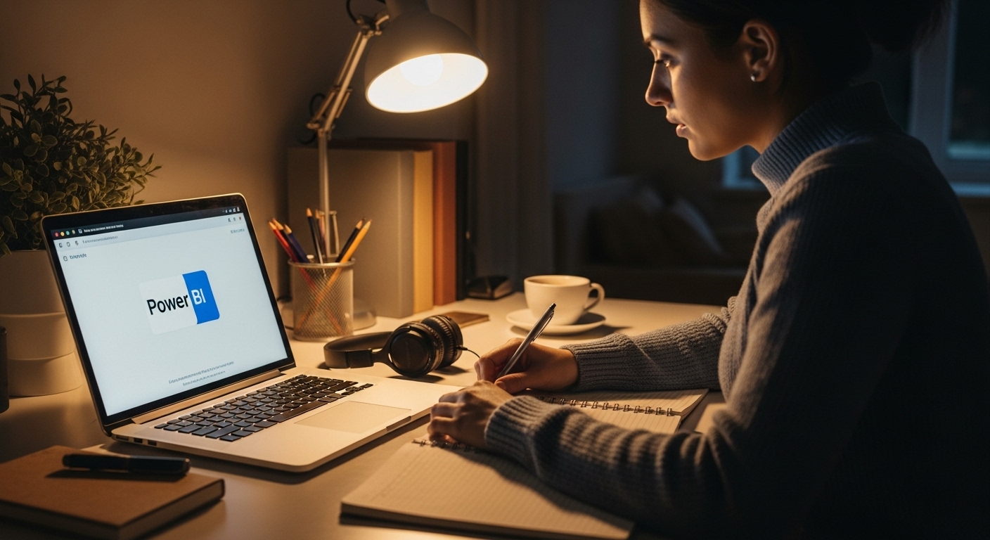 Profissional estudando curso online de Excel e Power BI em casa