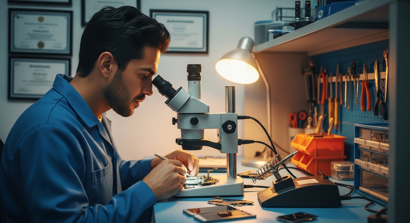 técnico realizando reparo avançado em placa de celular - curso completo de manutenção